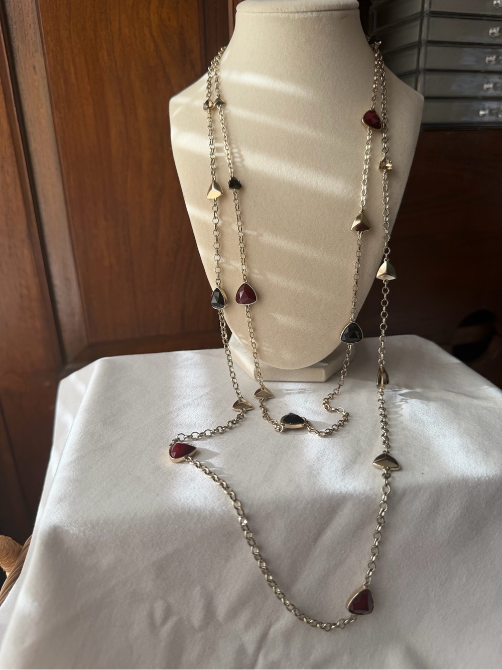 WHBM Long Station Necklace Black Burgundy Gold Tone Layering